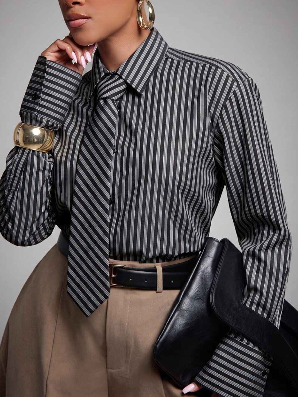 Black Casual Women's Stripe Bold Padded Shoulder Regular Shirt